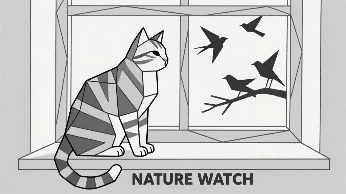 A tabby cat perched on a windowsill watching birds