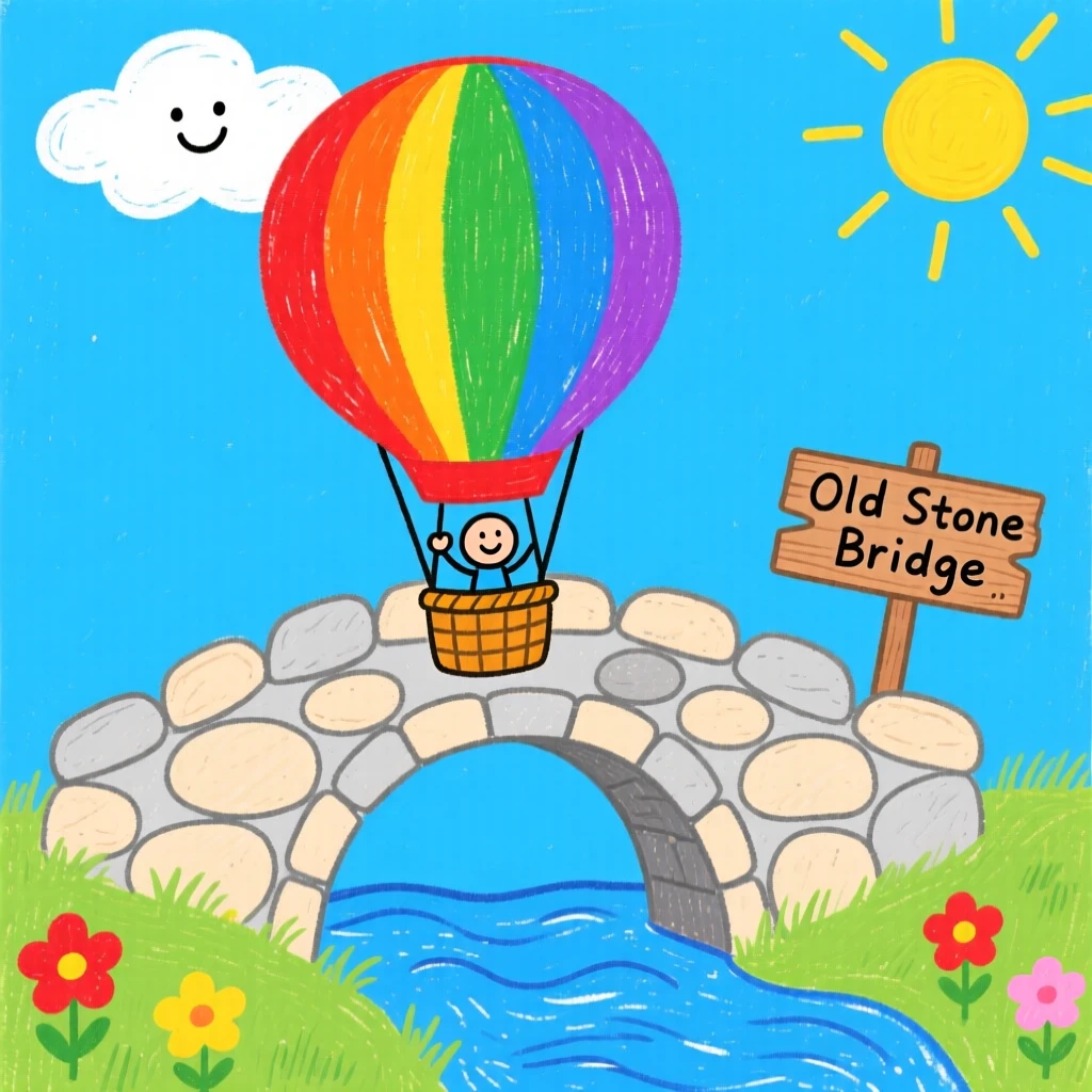 A colorful hot air balloon crossing an old stone bridge.