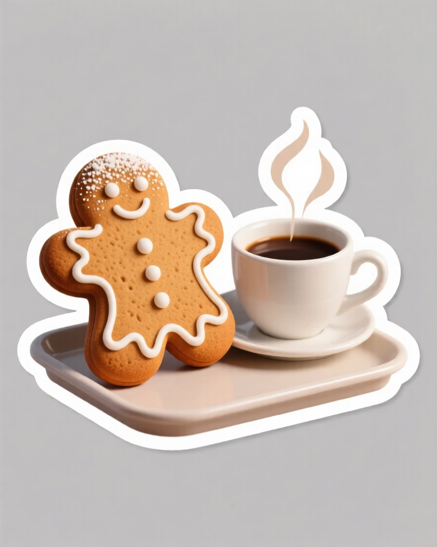 A freshly made warm gingerbread cookie with icing, topped with a dusting of powdered sugar, on a tray beside a cup of coffee.