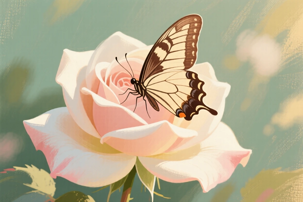 A butterfly resting on the petals of a blooming rose