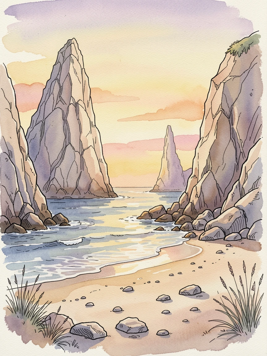 A secluded beach cove framed by towering sea stacks, the last rays of sunset painting the sky in warm color.