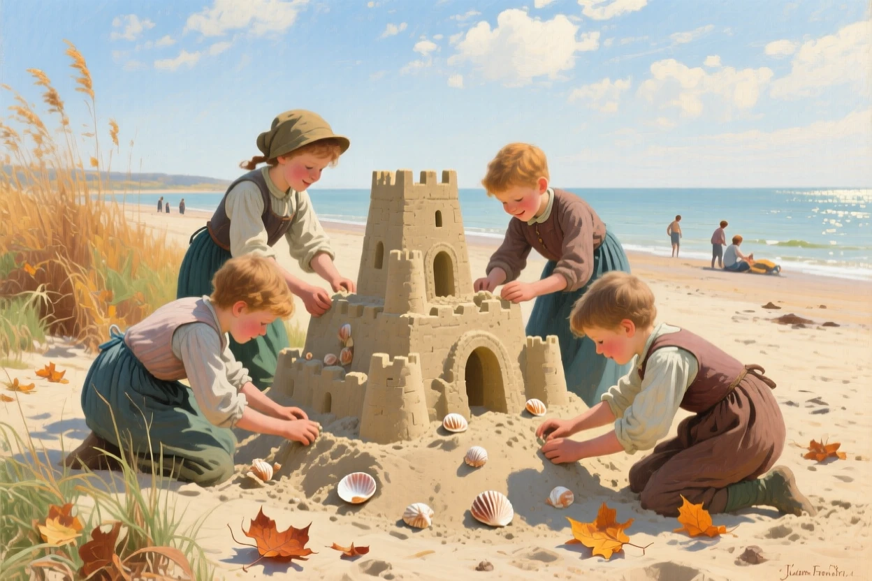 Children building an elaborate sandcastle together on a sunny beach, as the changing season is reflected in the surrounding setting, celebrating the simple, universal joys of family life