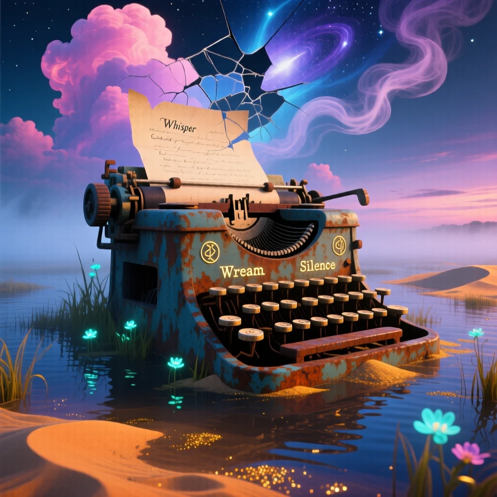 A colossal typewriter half-sunk into a foggy marsh rests half-buried in drifting golden sand, as clouds drift slowly through gaps in its structure.