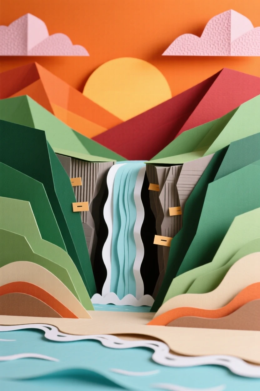 A hidden waterfall in a green ravine under a blazing orange sunset, with gentle waves lapping against the shoreline, evoking a sense of untouched wilderness.