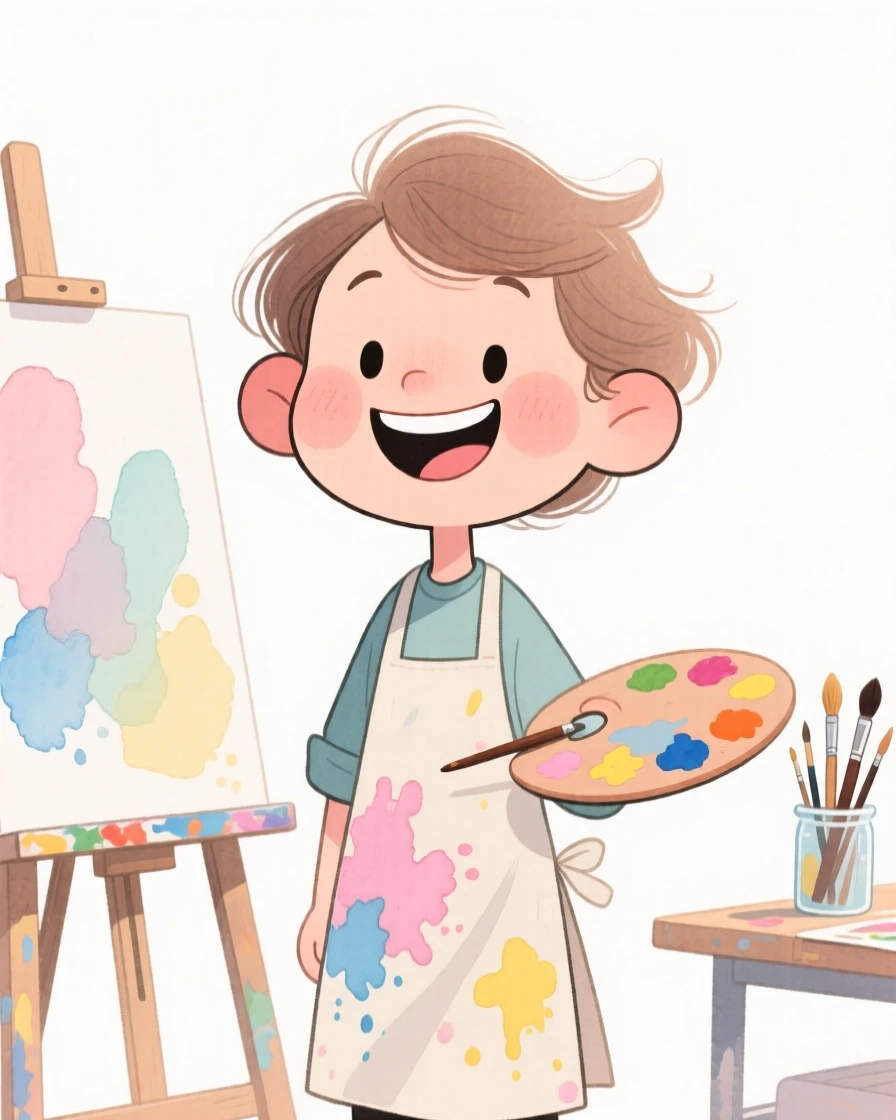 A painter smiling proudly in front of their workspace