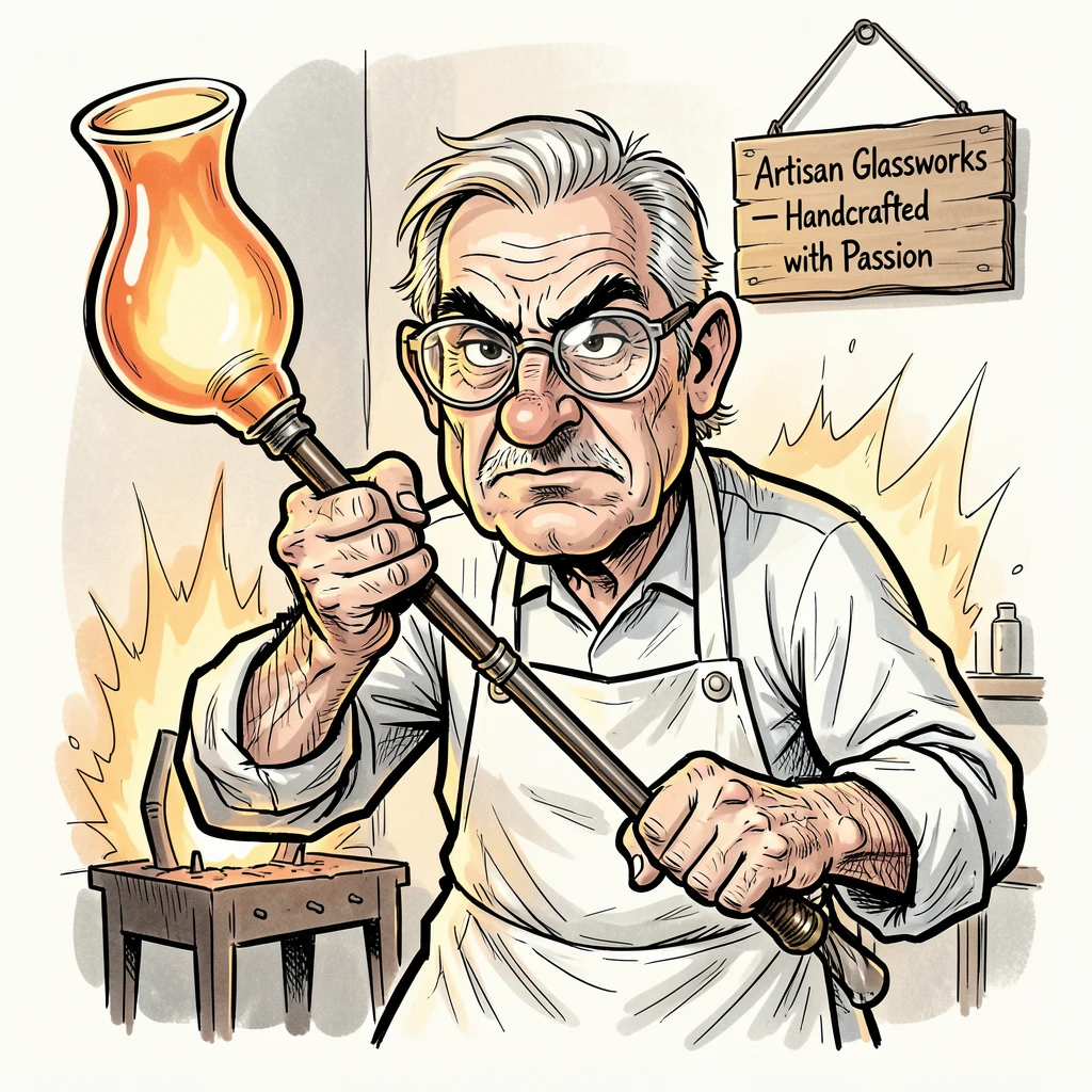 [Occupations & Hobbies] Detailed scene of a skilled glassblower shaping a molten glass vase, showcasing skill and dedication