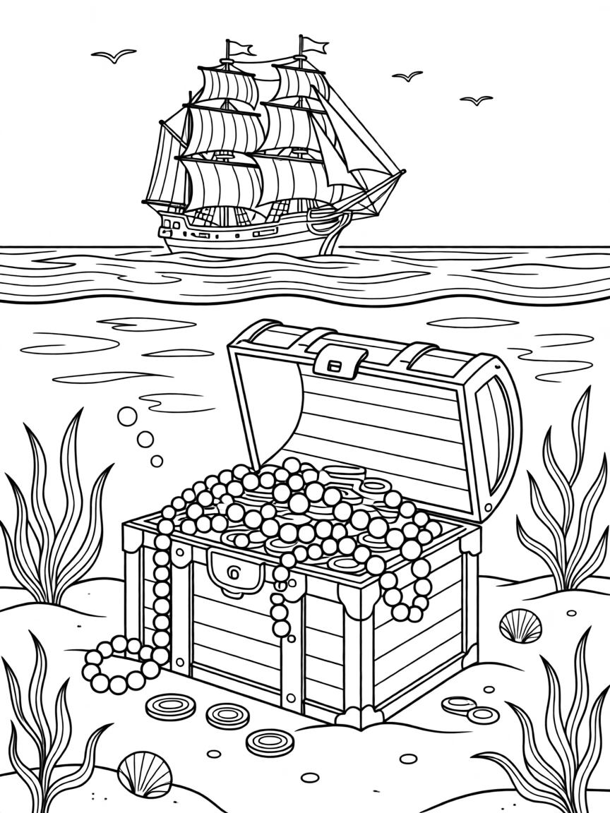 A treasure chest spilling pearls and gold coins on the ocean floor, with a distant silhouette of a ship above the waves.