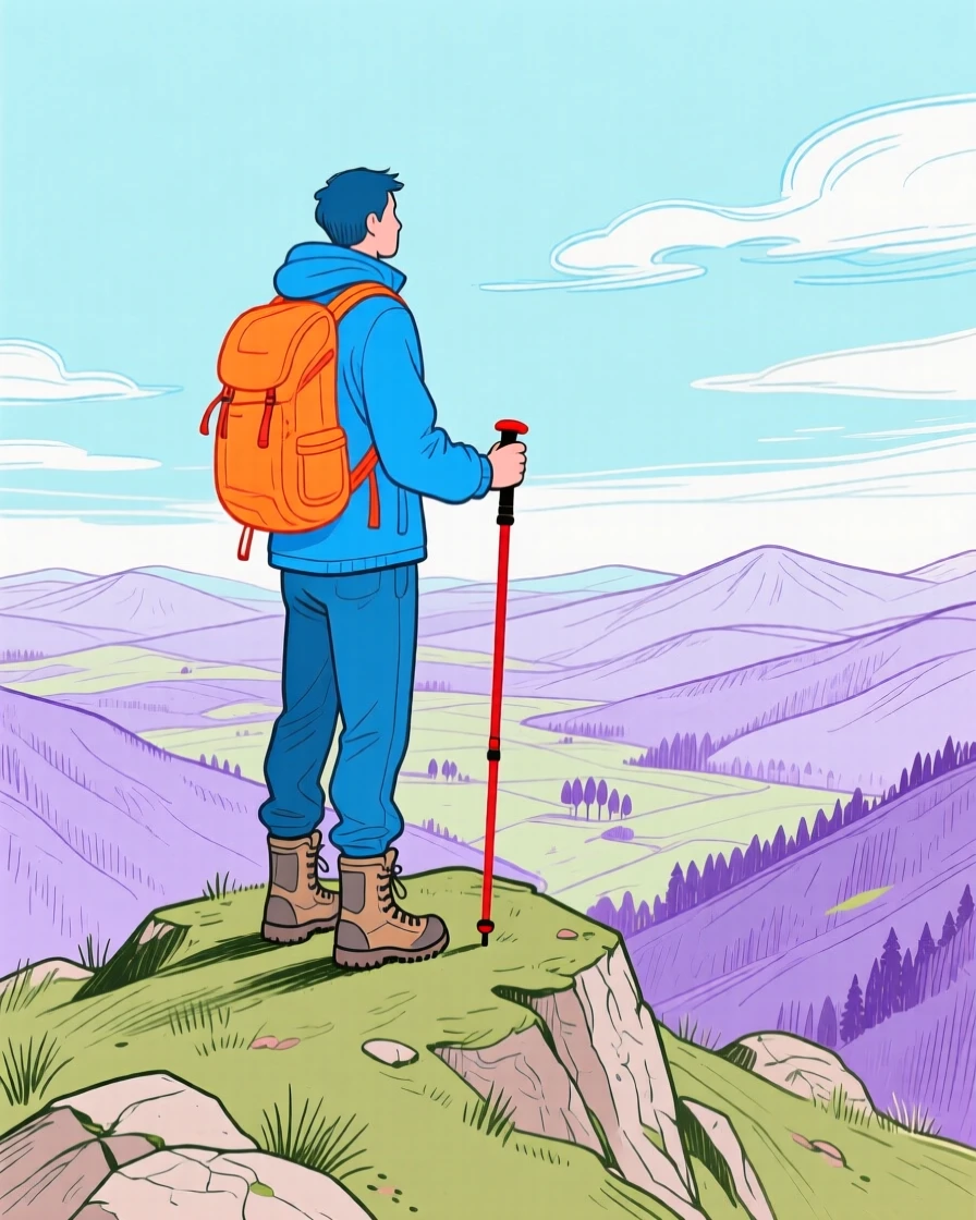 A hiker standing at a mountain summit overlooking the valley.