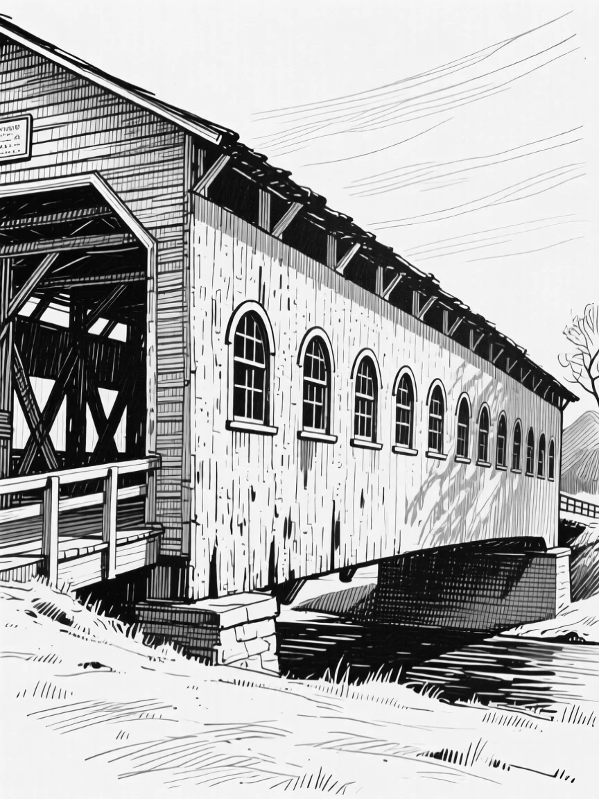 A new england covered bridge bathed in soft afternoon light, featuring arched windows catching the light, rendered in an awe-inspiring architectural composition.