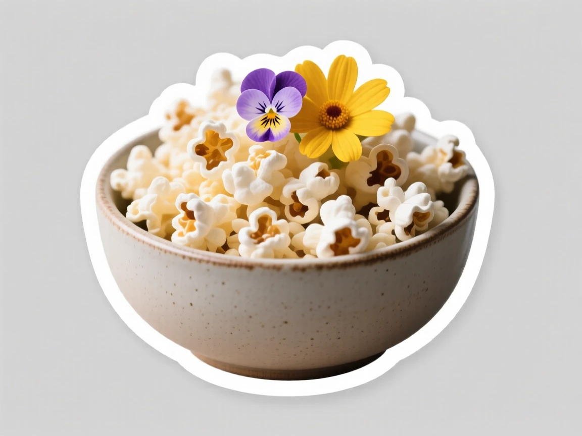 A cozy and comforting bowl of fresh popcorn overflowing, topped with a single edible flower, during a relaxing afternoon tea break.