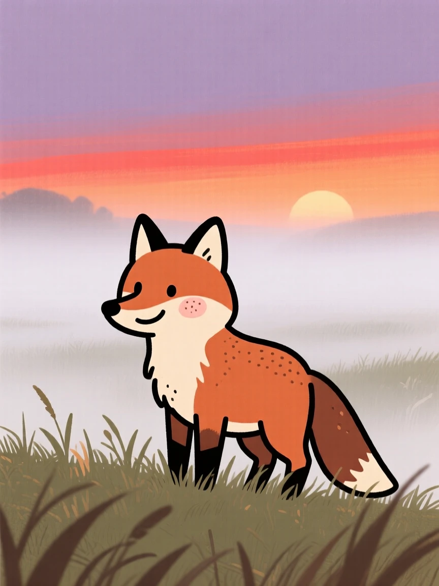 A fox stands at the edge of a misty meadow, grazing peacefully as the evening glow paints the sky in warm colors.
