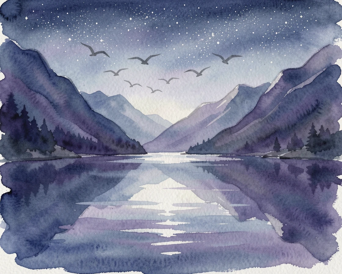 A quiet mountain lake under a starry night sky with a flock of birds crossing the sky.