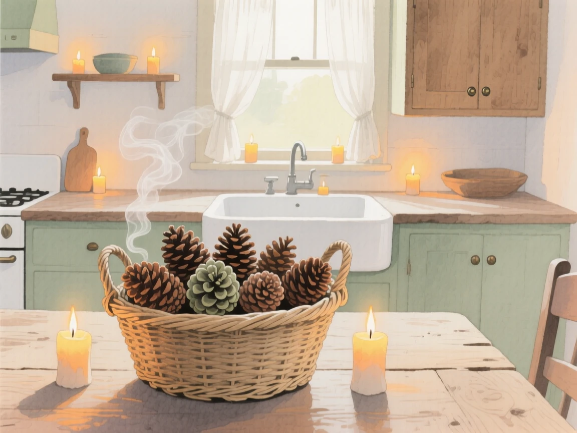 A charming view of a farmhouse kitchen, with candles flickering on every surface, featuring a woven basket filled with pinecones
