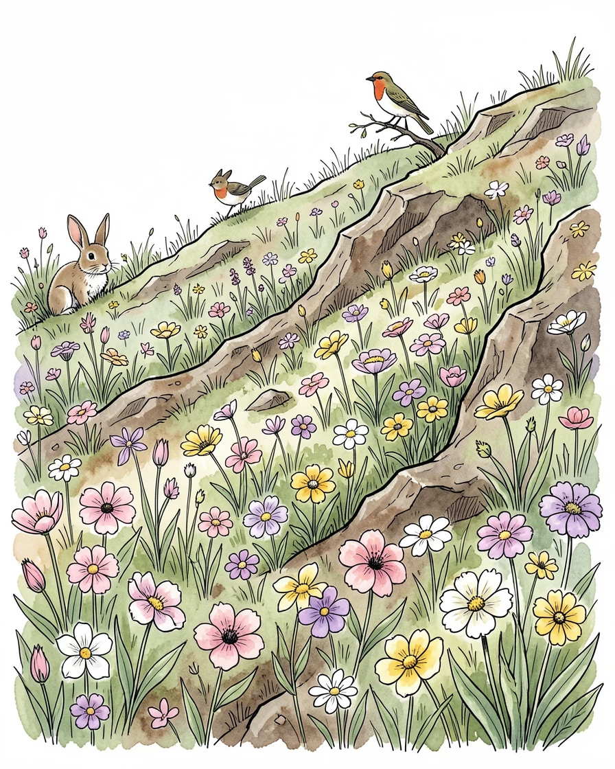 A volcanic hillside covered in wildflowers after a spring rain, wildlife moving quietly at the edges of the scene.