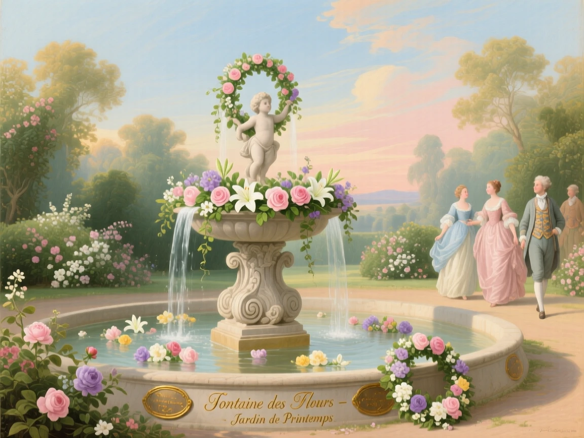 A spring fountain covered in floating flower wreaths  