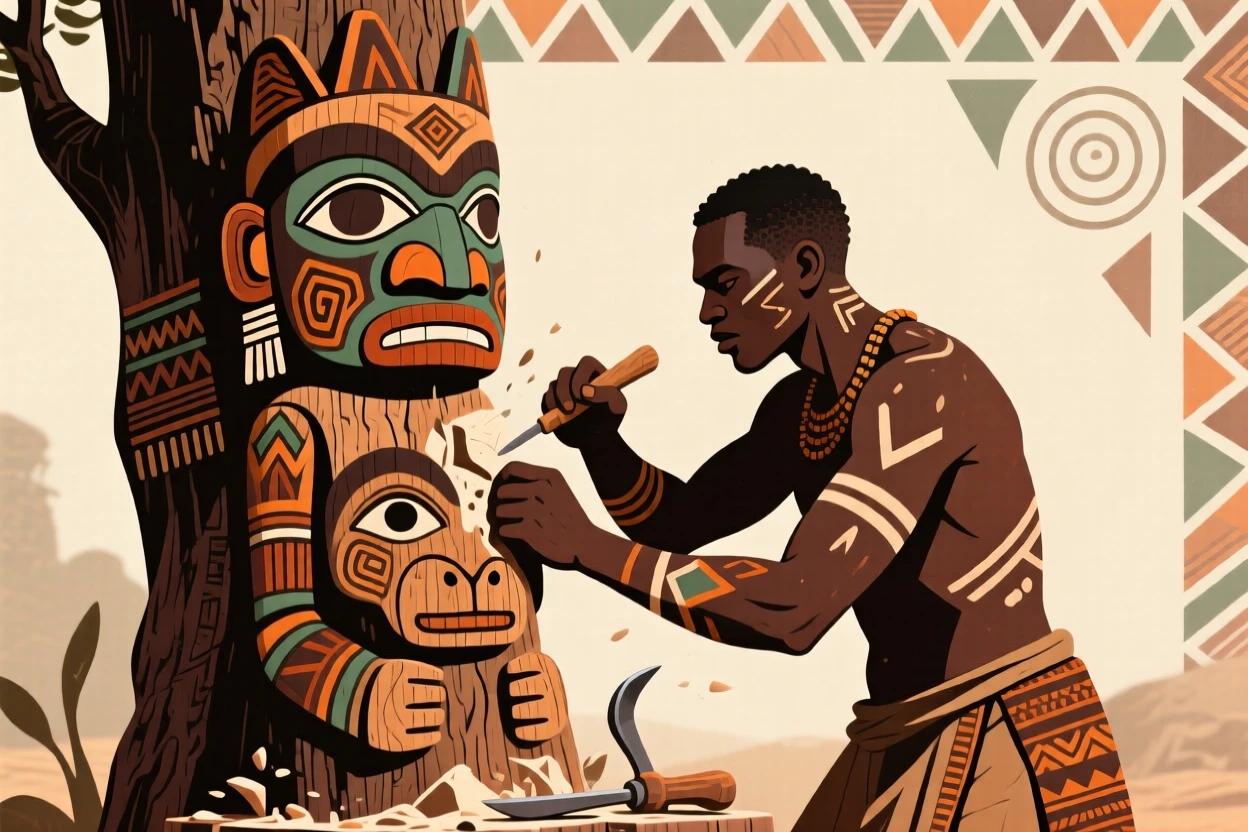 A sculptor carving a totem from a tree trunk.
