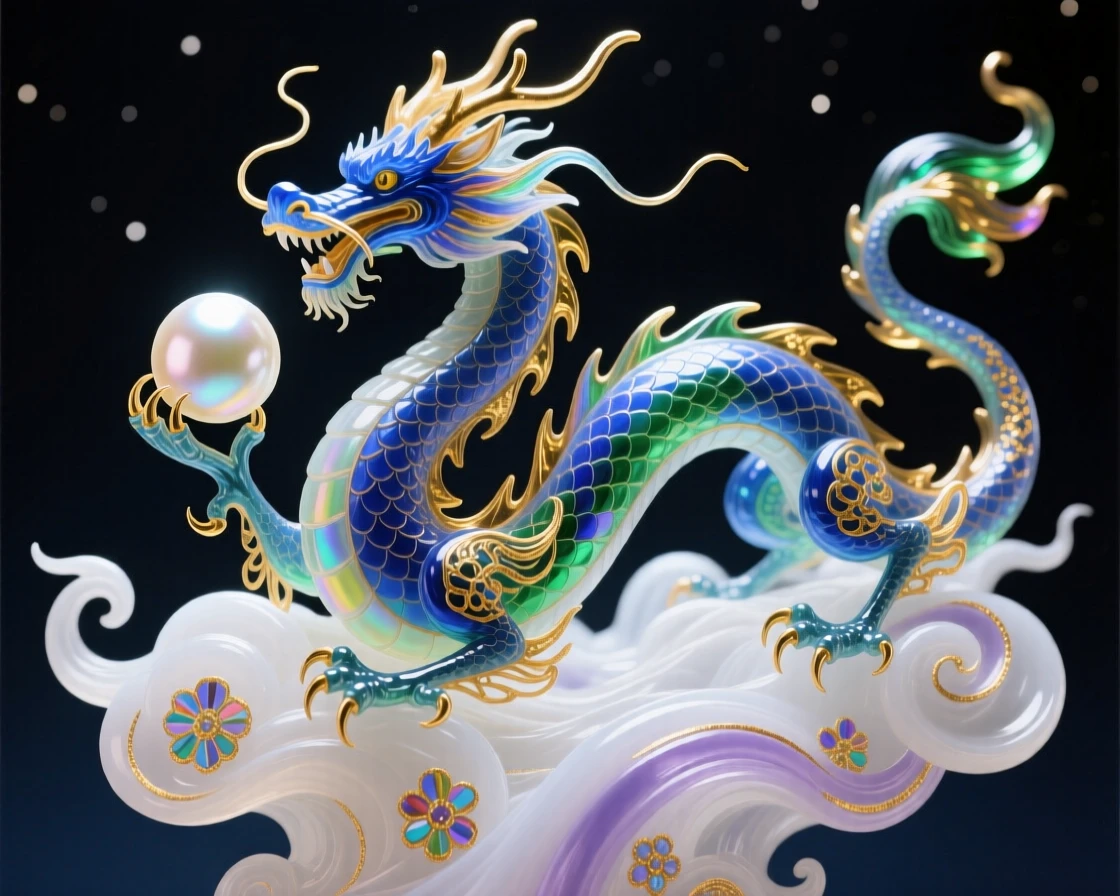 A celestial dragon guarding a pearl of wisdom atop swirling clouds, mystic and powerful.