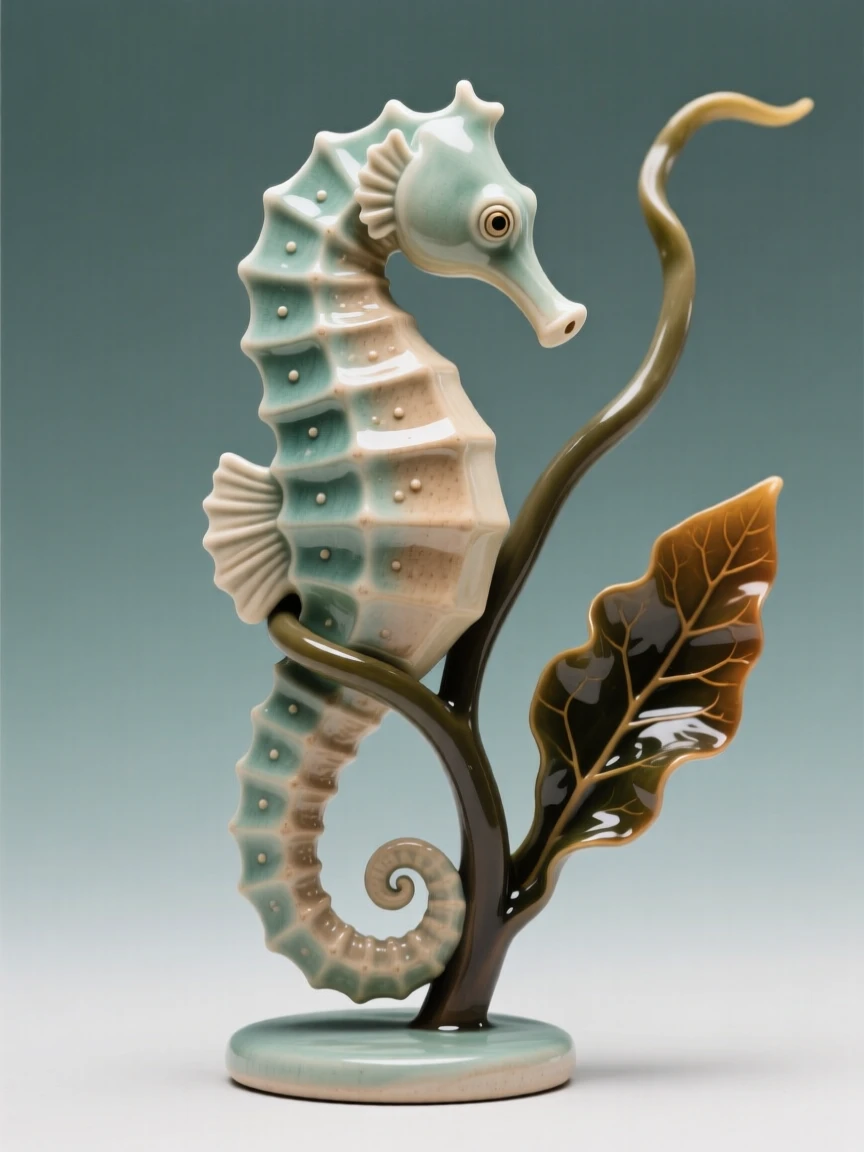 A curled seahorse clinging to a strand of kelp caught in a burst of playful motion, its surface dappled with shifting light patterns, conveying calm, fluid tranquility.