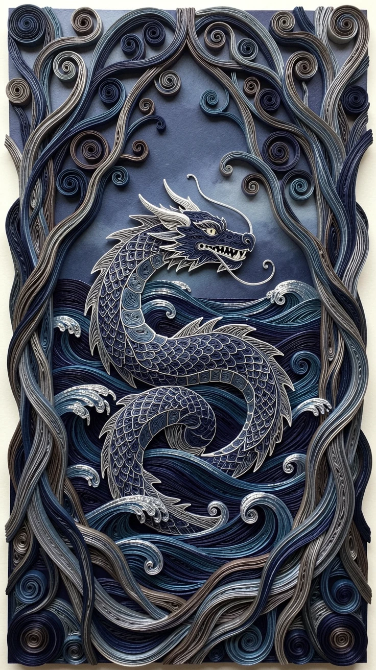 A magical fantasy scene of a sea dragon coiling gracefully through ocean waves within a cathedral of ancient twisted roots, in deep midnight blues accented with silver, shown in a grand, awe-inspiring wide composition.