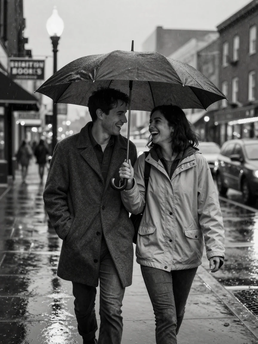 Two best friends share an umbrella in the rain on a rain-soaked city street.