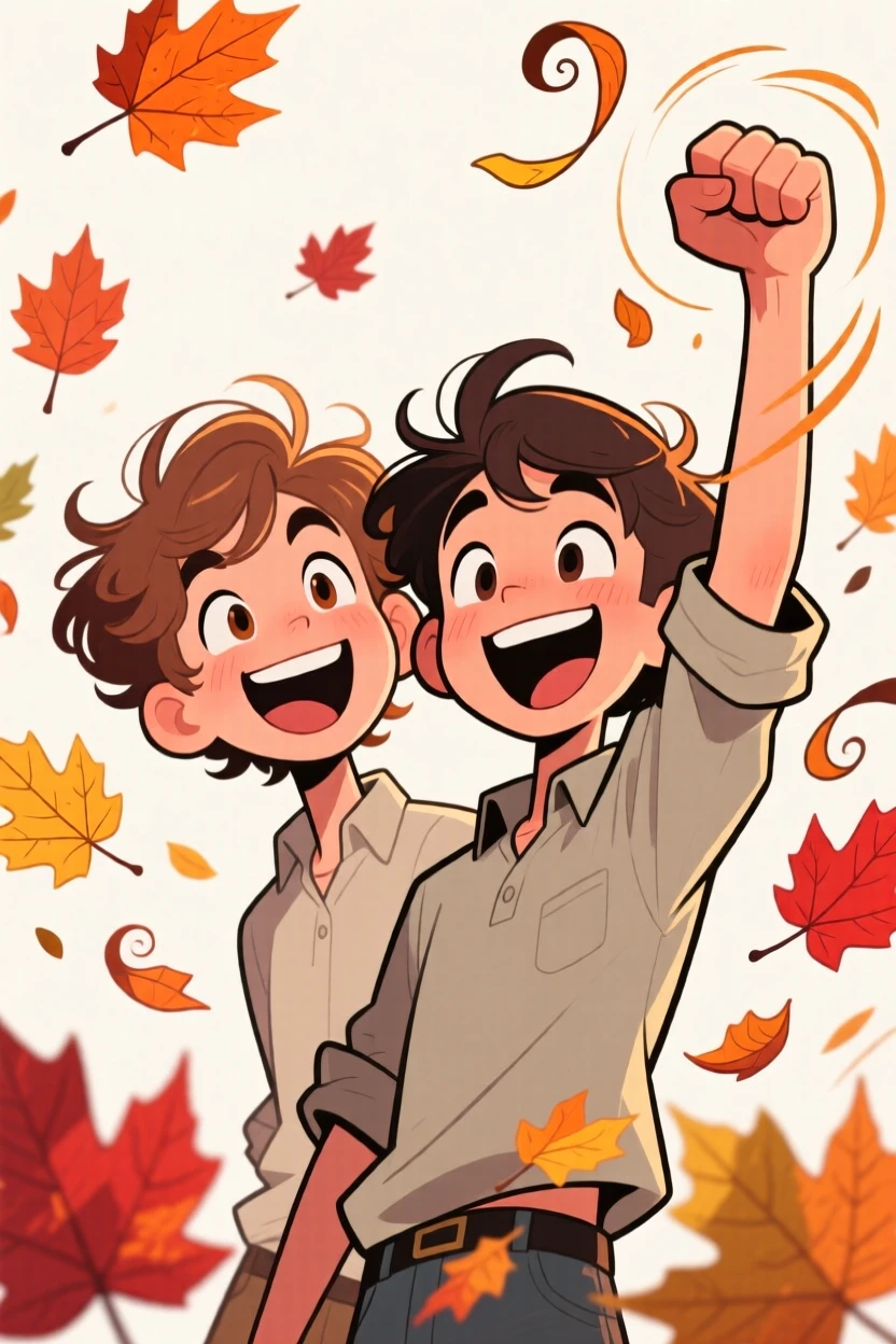 A charming portrait of a mischievous twin, raising a fist in triumphant celebration, with autumn leaves drifting past in the breeze.