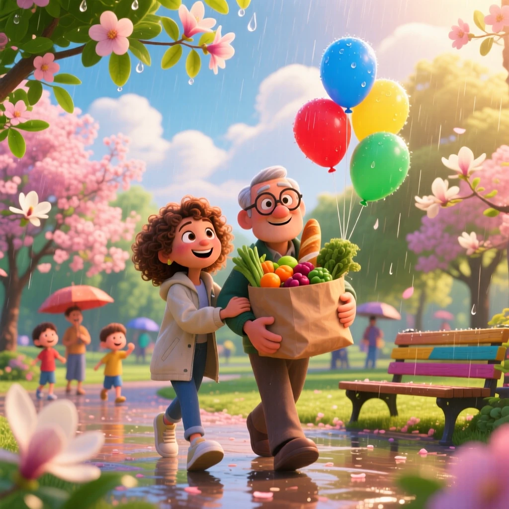 Strangers helping each other carry groceries in the rain unfolds in a sunlit park filled with blooming trees, with balloons floating gently upward. The mood is triumphant, warm, and full of love.
