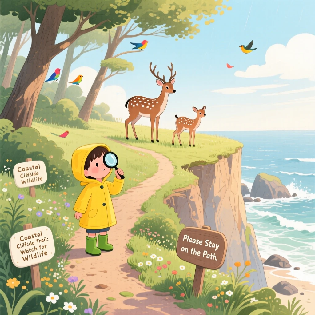 In a coastal cliffside trail, a child with a magnifying glass is spotting deer at the edge of a clearing, with birdsong echoing through the trees.