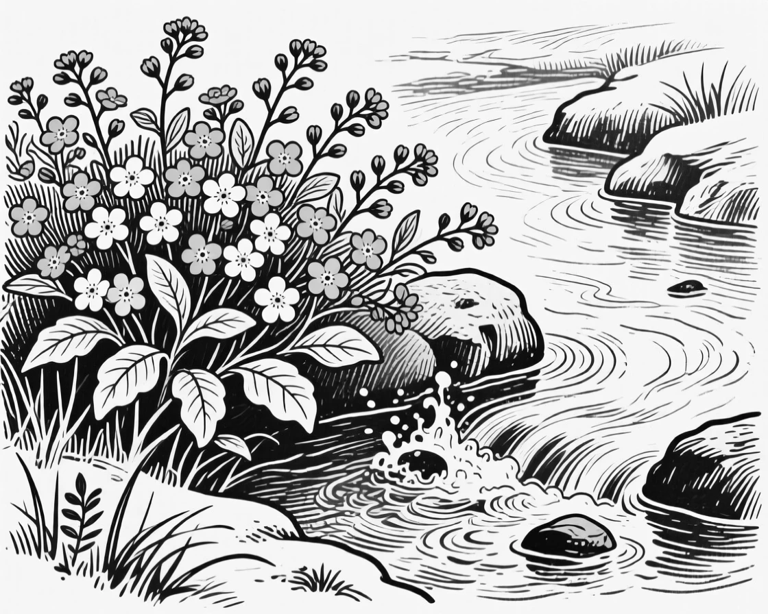 A cluster of forget-me-nots growing beside a babbling brook.