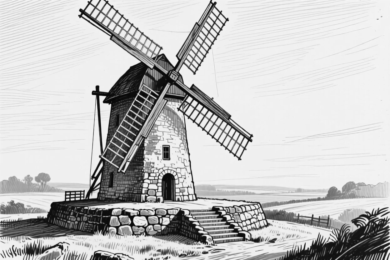 A rustic countryside windmill on a quiet early morning, featuring worn stone steps polished by centuries of footsteps, rendered in a timeless and grand architectural composition.