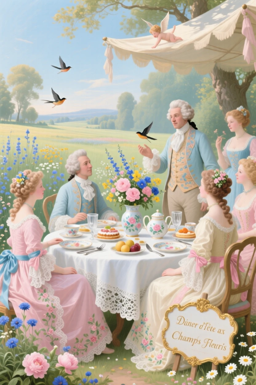 A summer countryside supper beside fields of wildflowers  