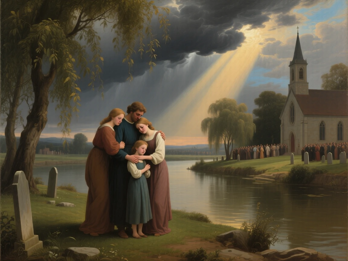 A grieving family gathered at the edge of a quiet churchyard just as relief washes over every face, set beside a quiet riverbank framed by willow trees, with storm clouds parting just behind the embracing figures; diagonal light spills across the reunited figures, isolating them from the crowd, overflowing with tenderness, relief, and quiet triumph.