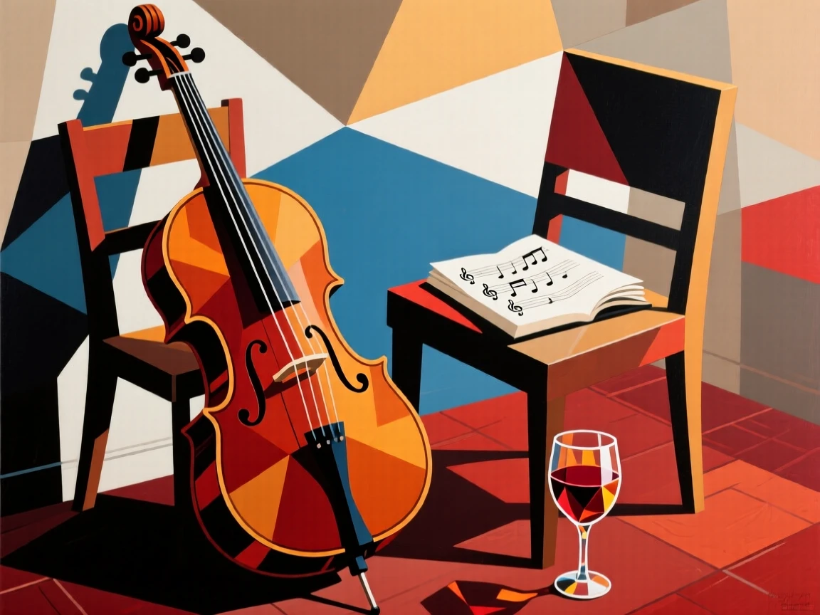 A cello leaning against a chair beside sheet music and a glass of wine.