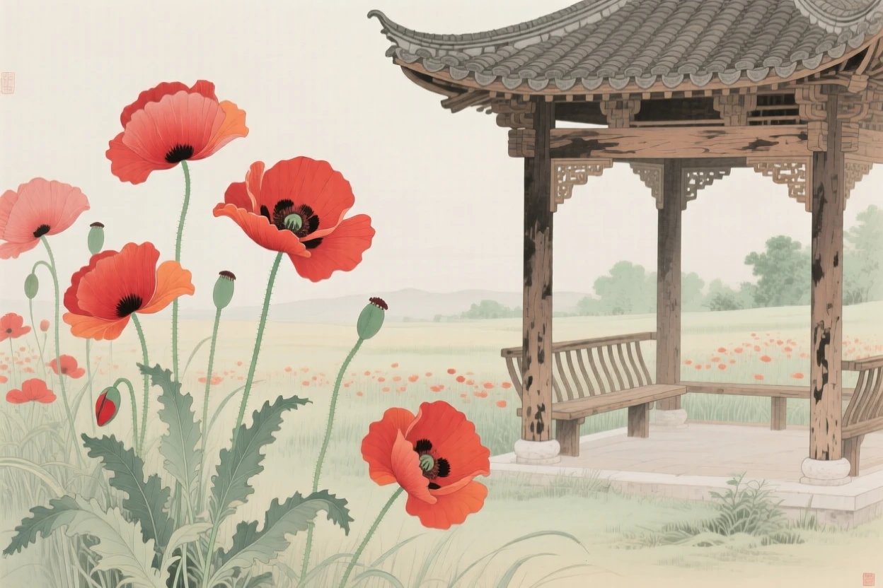 A field of poppies swaying in the wind next to a weathered wooden pavilion