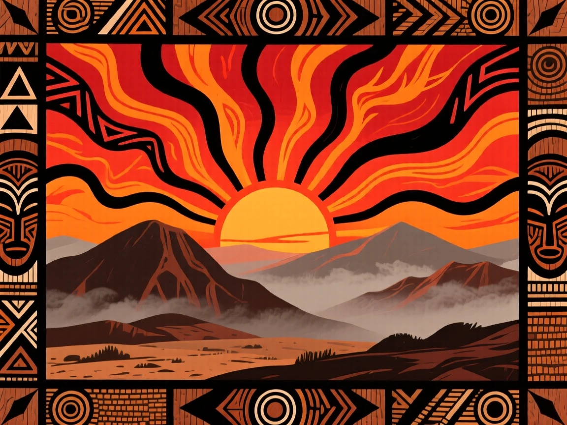 A fiery sunset above distant misty mountains.
