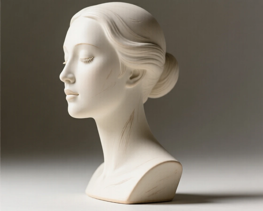 A graceful bust of a serene woman's profile displayed as a refined centerpiece, with an elegant, minimalist silhouette, capturing graceful beauty fit for a fine interior.
