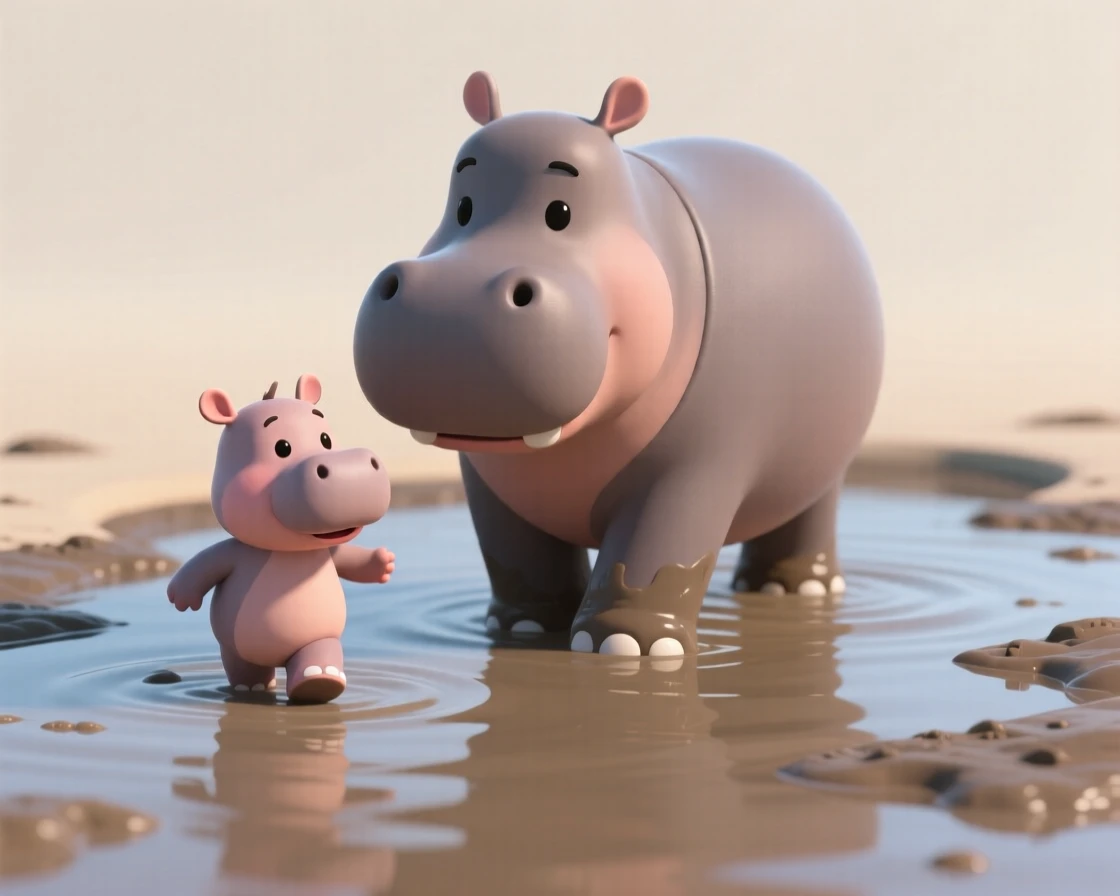 A curious baby hippo waddles beside its mother through muddy river shallows, tiny ears flapping.