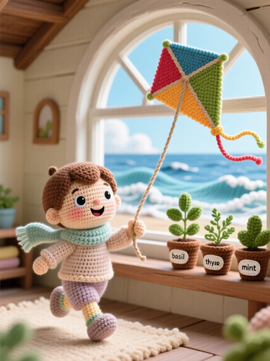 A charming scene of a young weather kite flyer running with a colorful kite string, laughing as the kite lifts into the wind inside a seaside cottage with a view of the waves; a potted herb garden on the sill adds to the moment, full of tender patience and unhurried craftsmanship.