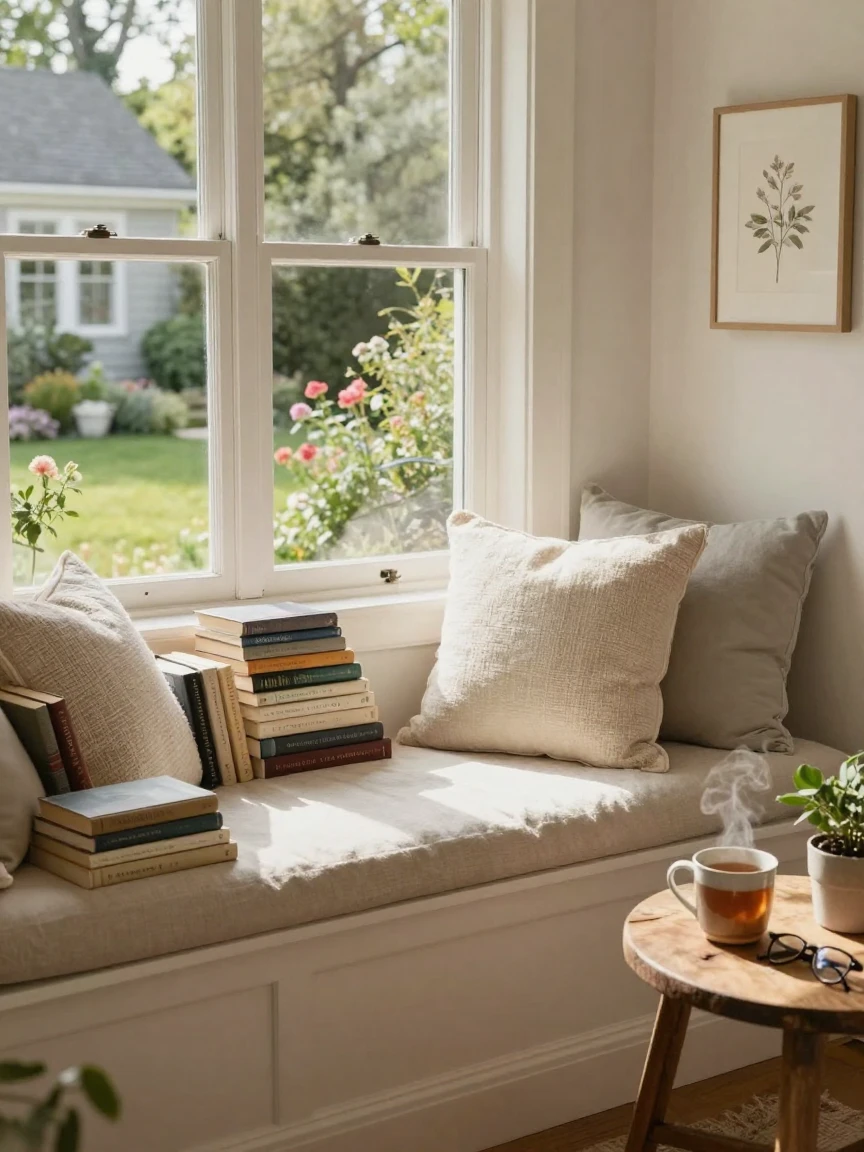 A cozy reading nook with a window seat and stacked books