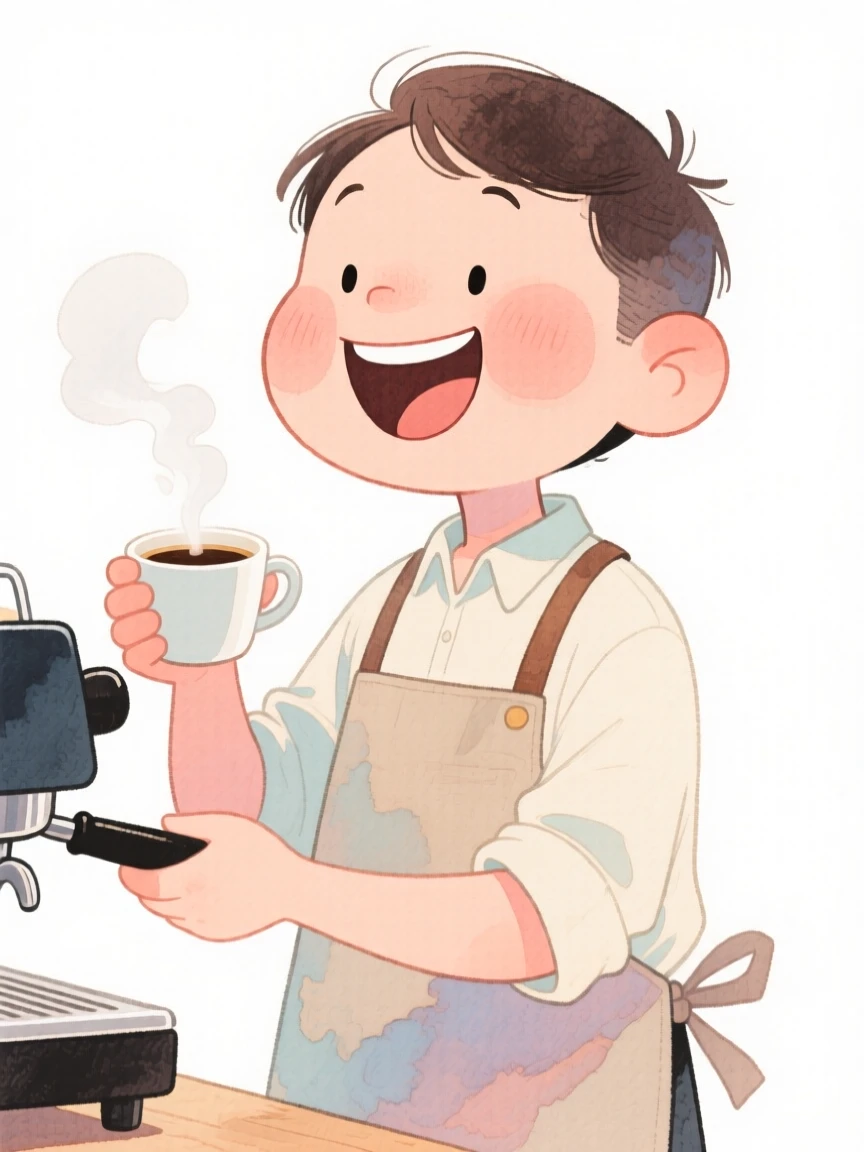 A barista laughing mid-task with genuine warmth
