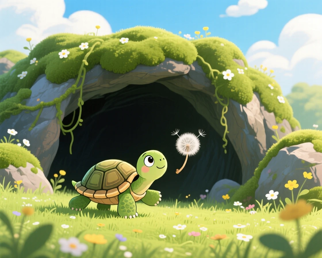 A tiny turtle hatchling pauses from chasing a floating dandelion seed to look up in the mouth of a mossy cave, as soft clouds drift overhead.