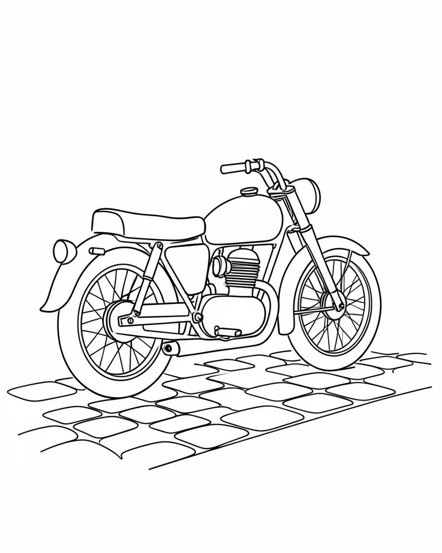 A vintage motorcycle parked along a quiet cobblestone street