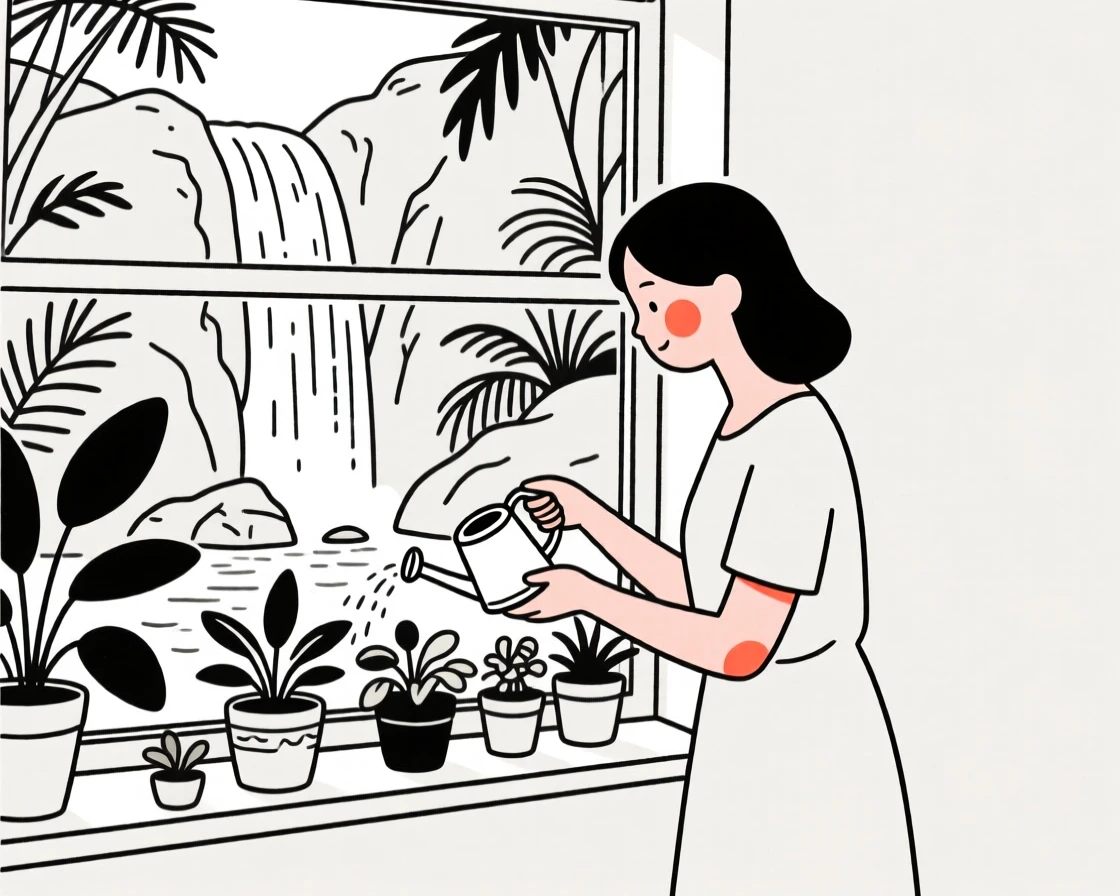 A grown woman watering houseplants by a bright window, by a waterfall in the jungle.