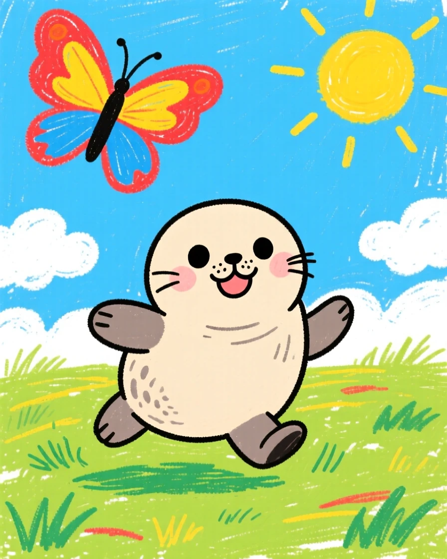 A chubby seal pup chasing a butterfly across a sunny field.