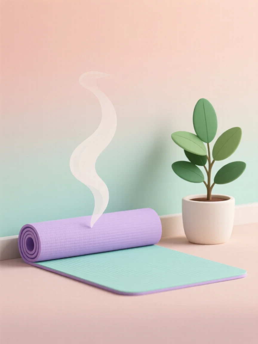 A yoga mat rolled out beside a small potted plant, set against a backdrop of pastel-colored walls, composed with a warm, inviting sense of everyday simplicity, with subtle steam rising to add a warm, lived-in feel.