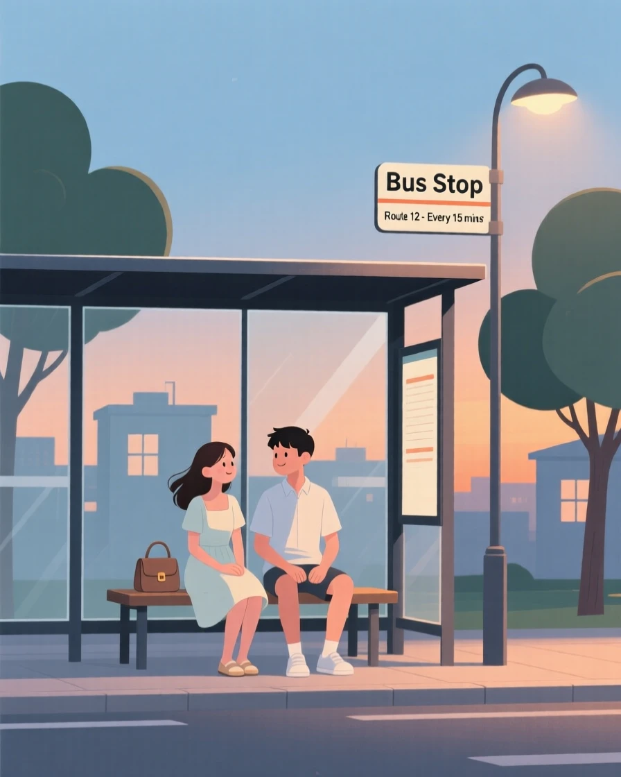 A young couple waiting at a bus stop on a quiet summer evening in the city.