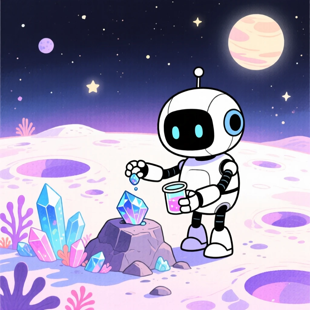 A robot companion collecting samples on a distant moon, full of wonder and discovery.