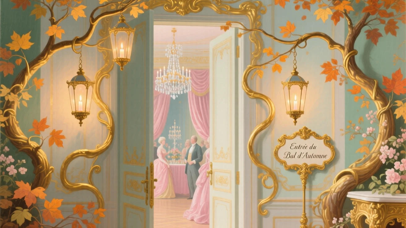 An autumn ballroom entrance framed with gilded branches and lanterns  