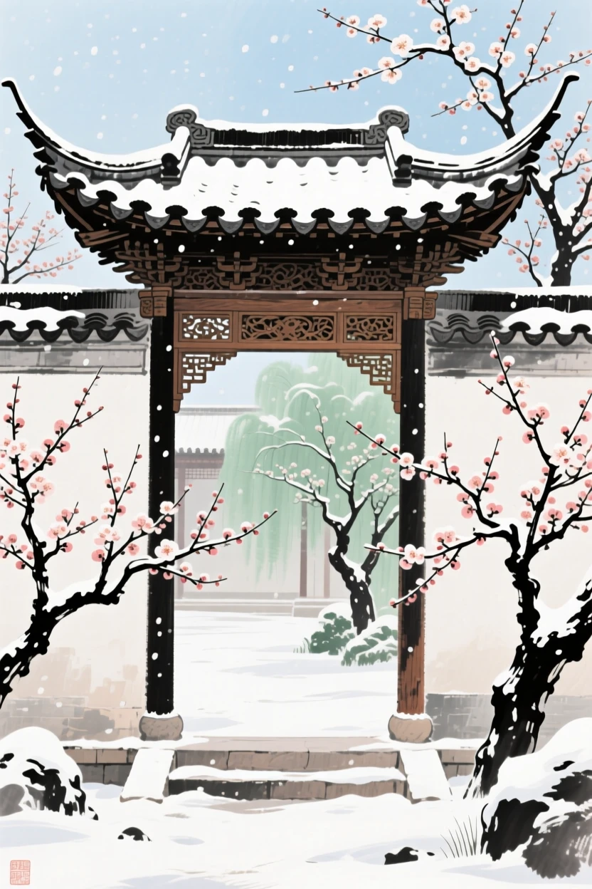 An ornate gateway leading into a courtyard of blooming plum trees, under the first snow of winter.