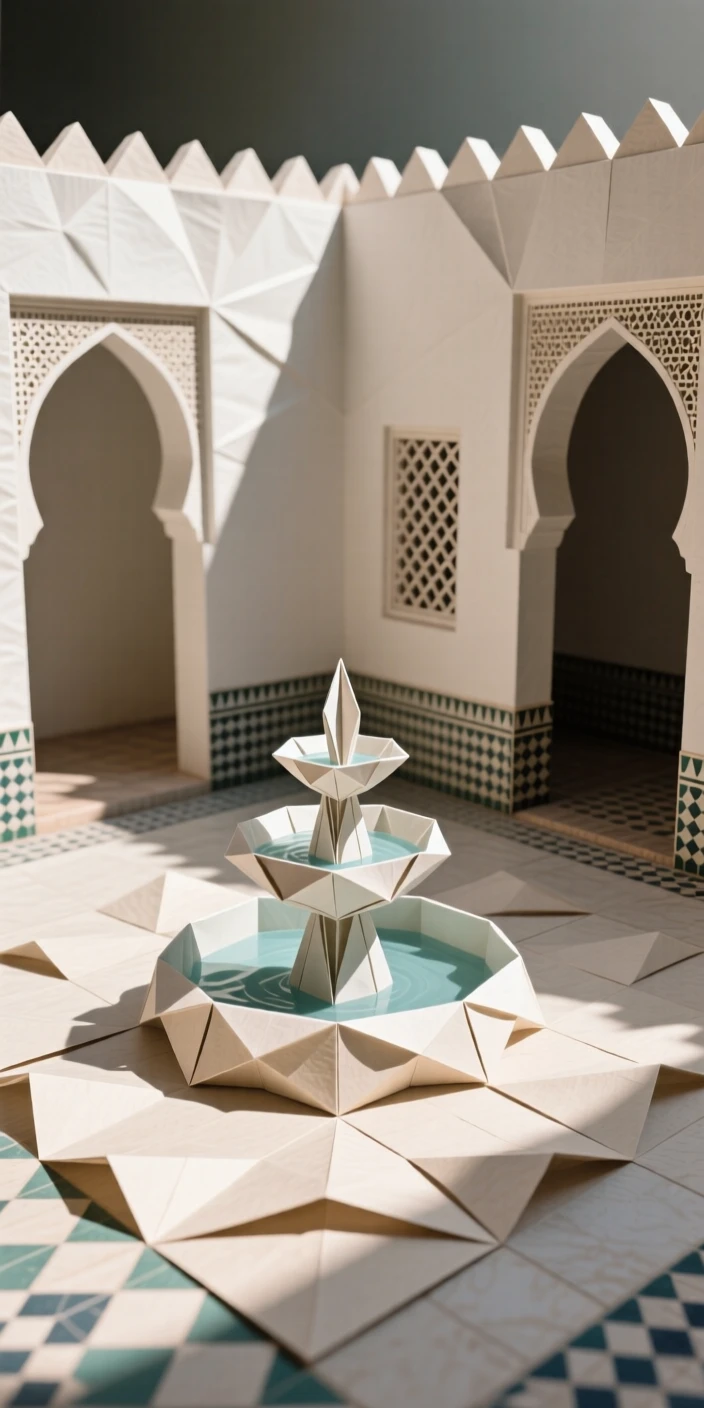 A traditional Moroccan riad courtyard with a central fountain surrounded by patterned tile.