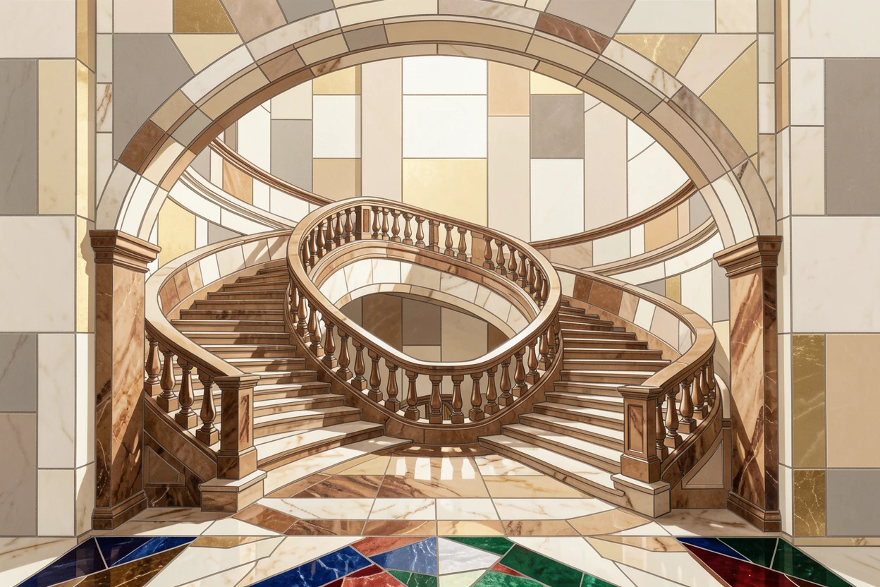 The sweeping staircases of a grand european opera house, viewed from a dramatic elevated vantage point.